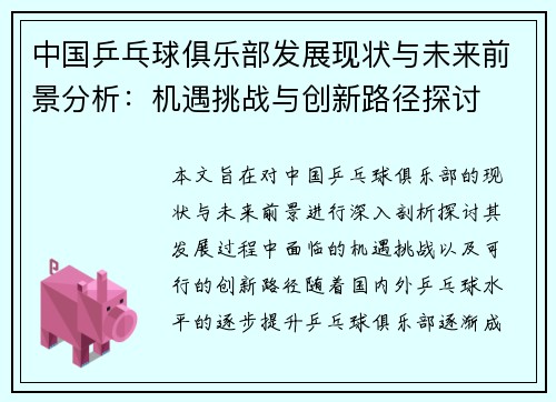中国乒乓球俱乐部发展现状与未来前景分析：机遇挑战与创新路径探讨